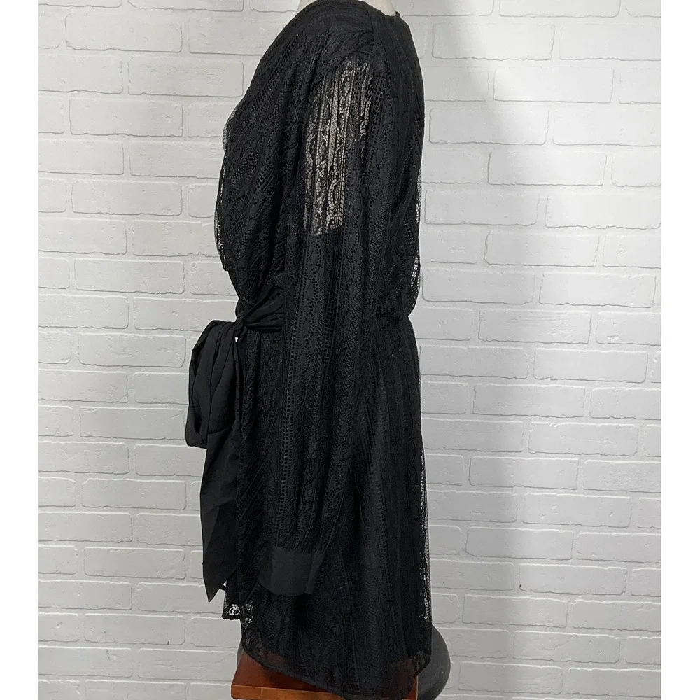 Express Dress Women XL Black Lace Long Sleeve Wrap Tie Sheer Party Elegant - Picture 3 of 13
